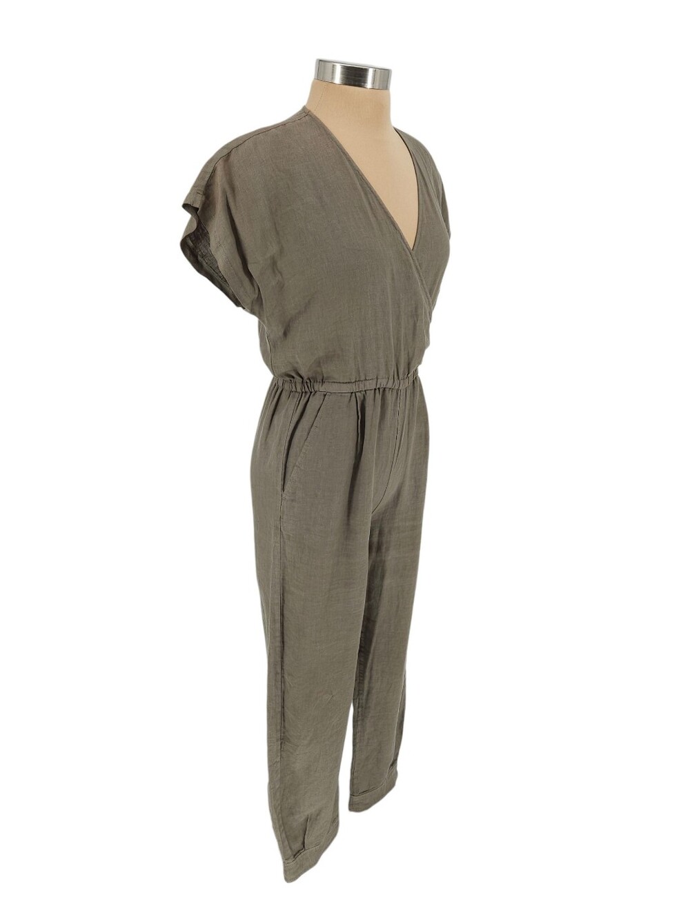 JOIE Azita Jumpsuit Linen Olive Green Short Sleeve Faux Wrap V Neck Romper XS - Picture 2 of 6